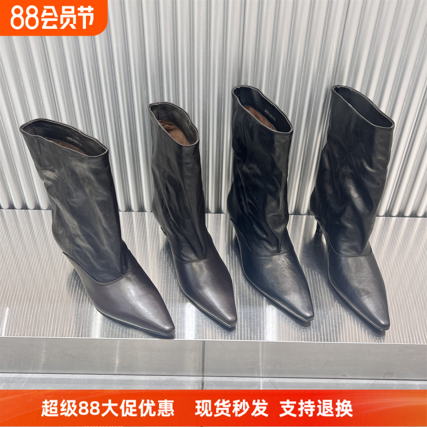 欧货真皮尖头细跟中筒靴时装靴女
