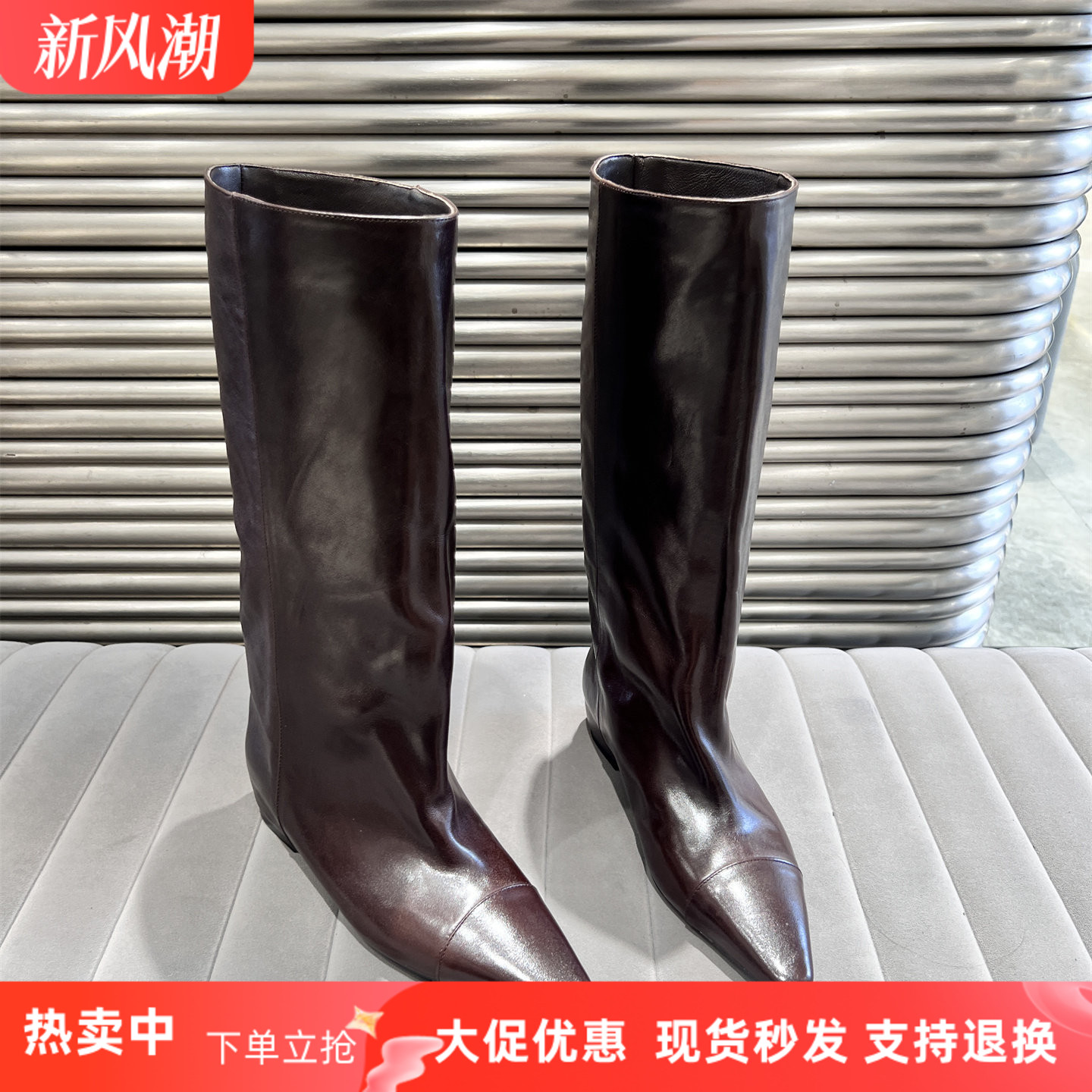 乐魔真皮尖头内增高骑士靴高筒靴