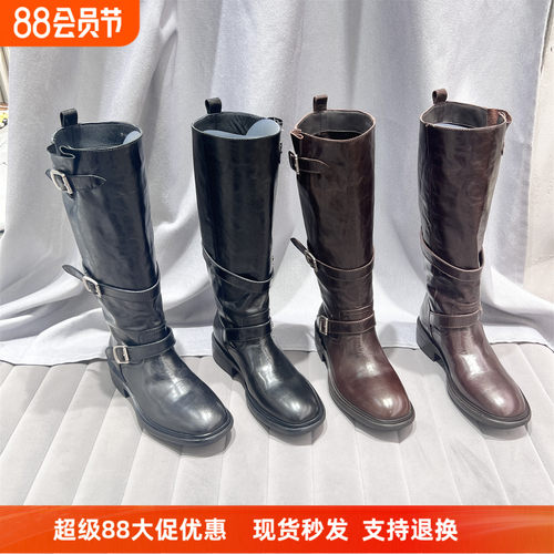 乐魔真皮套筒显瘦粗跟高筒骑士靴
