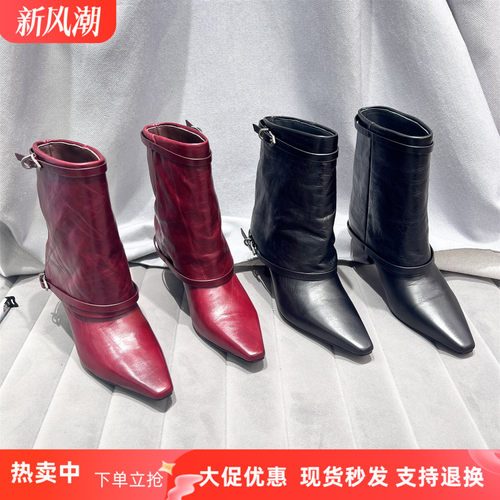 乐魔欧洲站真皮尖头皮带扣马丁靴