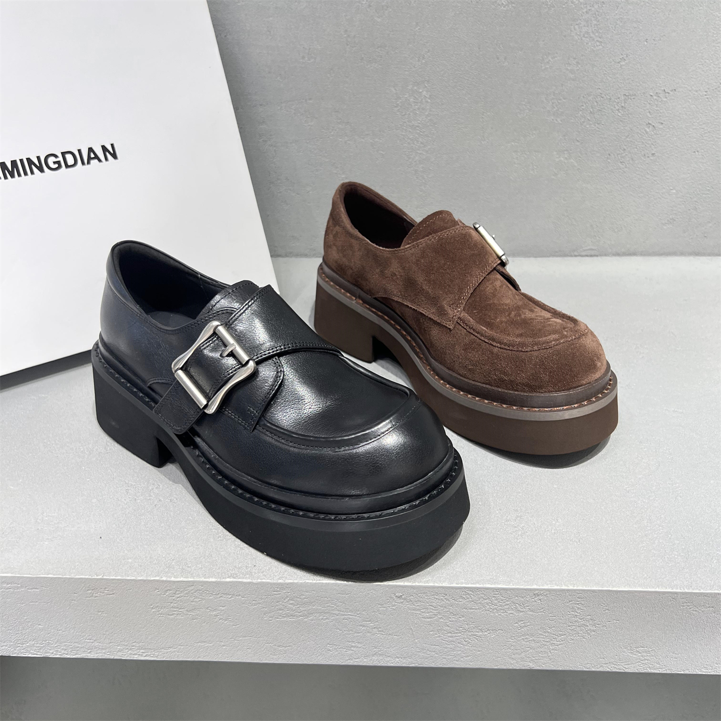 欧洲站真皮魔术贴厚底乐福鞋