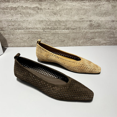 欧洲站真皮编织镂空坡跟浅口单鞋