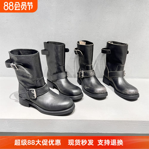 先锋名典欧货真皮方头皮带扣短靴