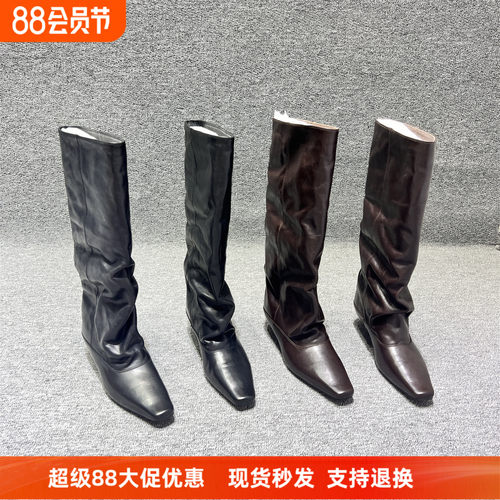 欧洲站真皮方头套筒高筒靴骑士靴
