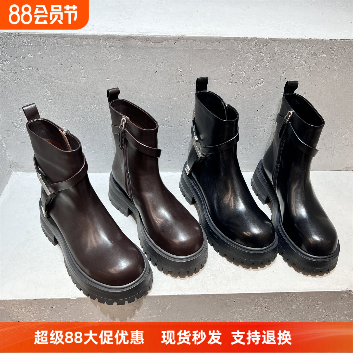 乐魔真皮侧拉链机车短靴马丁靴女
