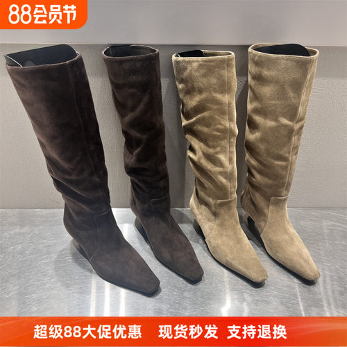 欧洲站真皮方头粗跟套筒堆堆靴潮