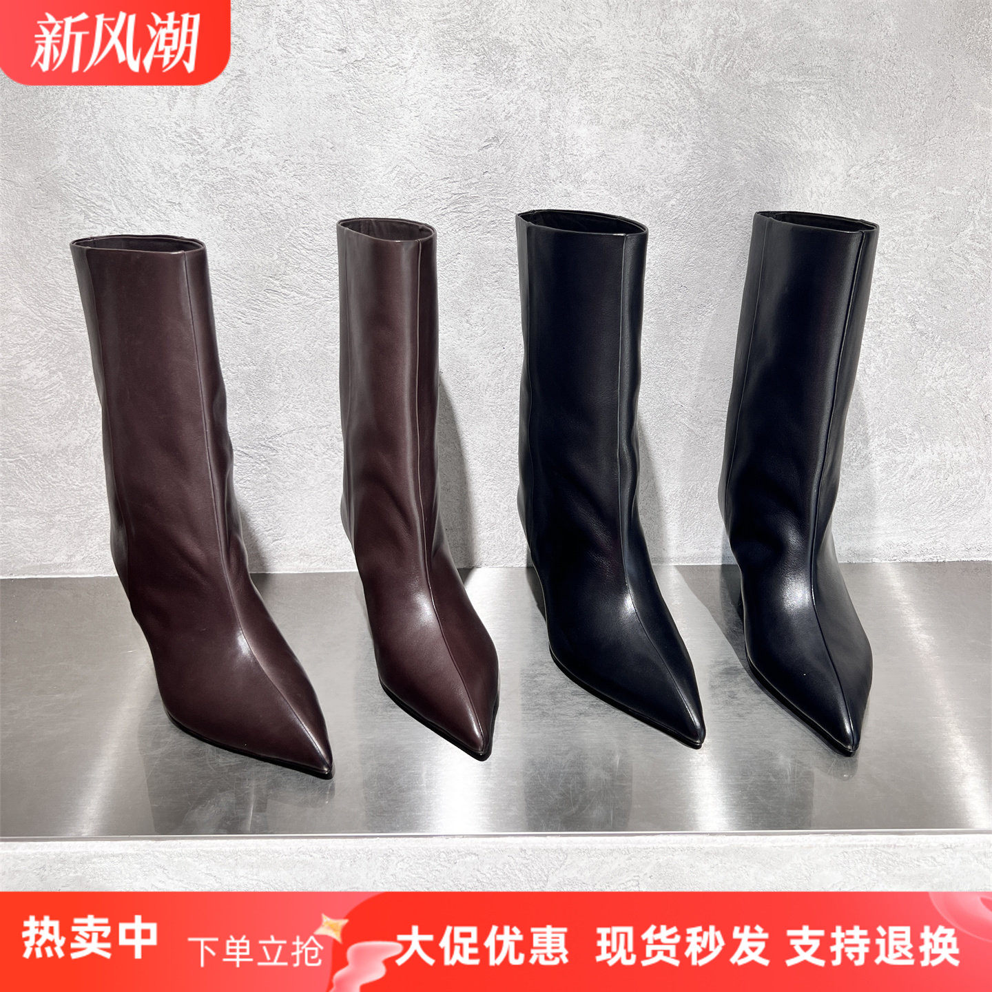 欧货真皮尖头细高跟中筒时装靴女