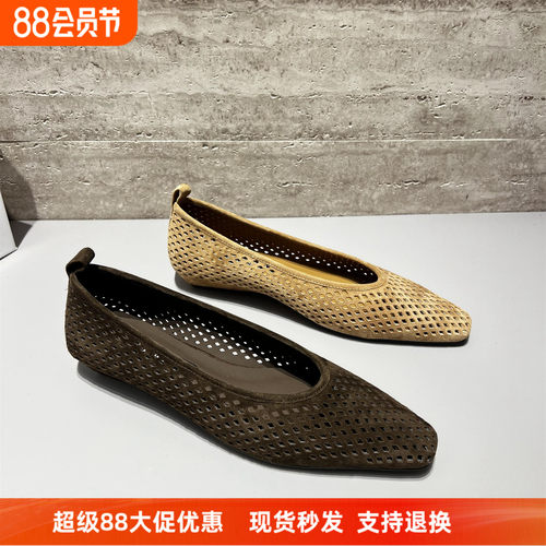 欧洲站真皮编织镂空坡跟浅口单鞋