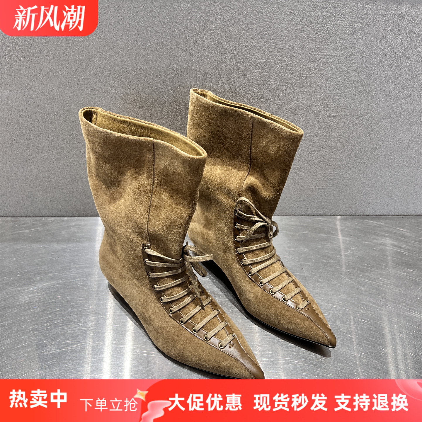 欧货真皮磨砂尖头绑带女巫短靴