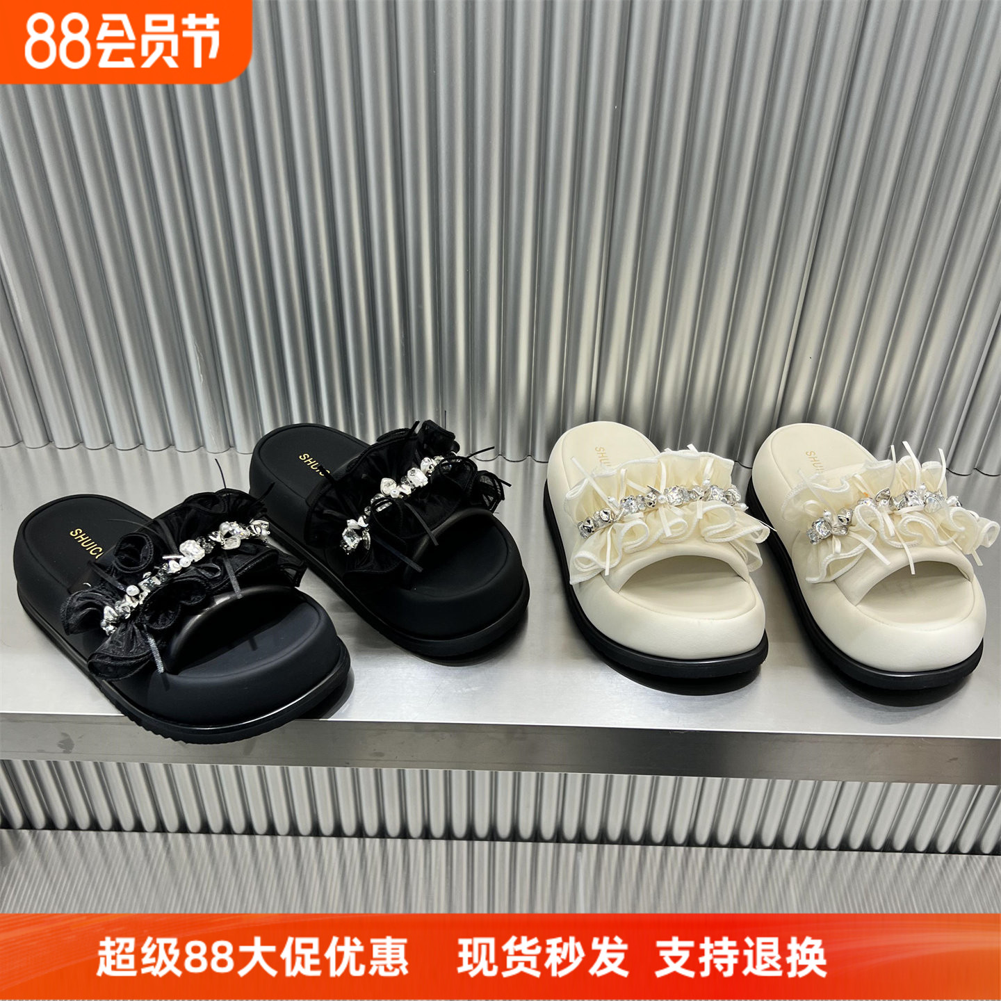 欧货水钻蝴蝶结真皮厚底一字拖鞋