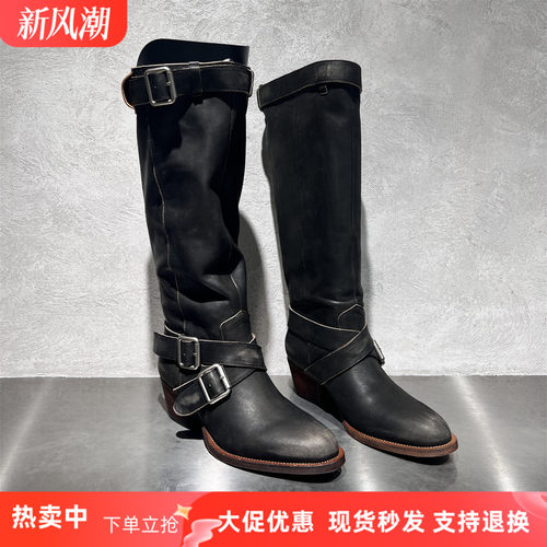 欧货真皮复古皮带扣高筒骑士靴女