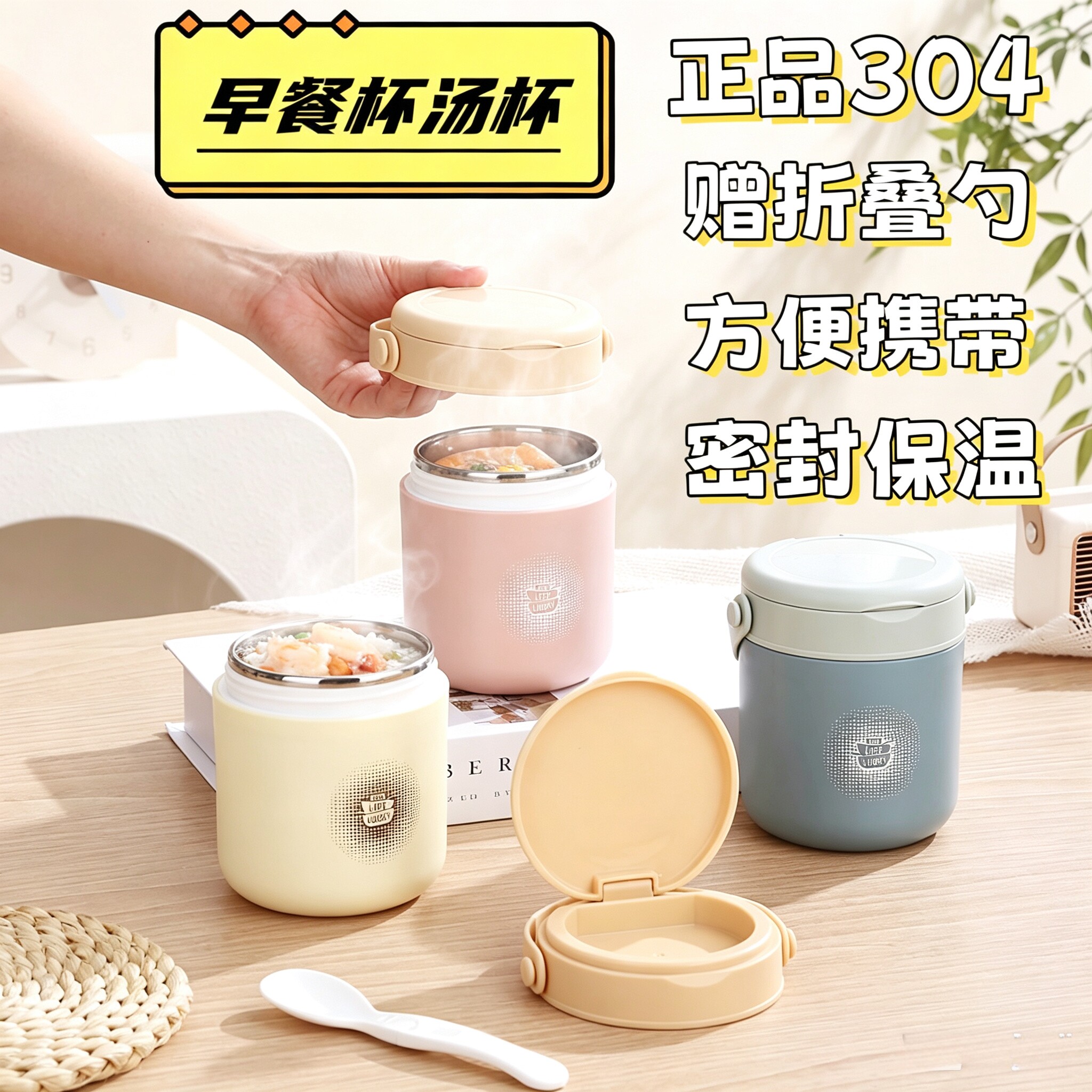 304不锈钢便携早餐杯上班族汤杯防漏豆浆保温杯水杯带盖勺燕麦杯