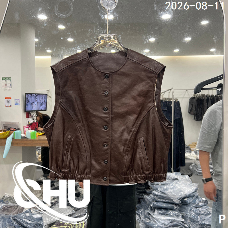 欧洲站2026早秋新款圆领单排纽扣短款厚重个性松紧腰个性皮衣马甲