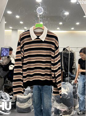 欧洲翻领套头横条纹山羊绒针织衫