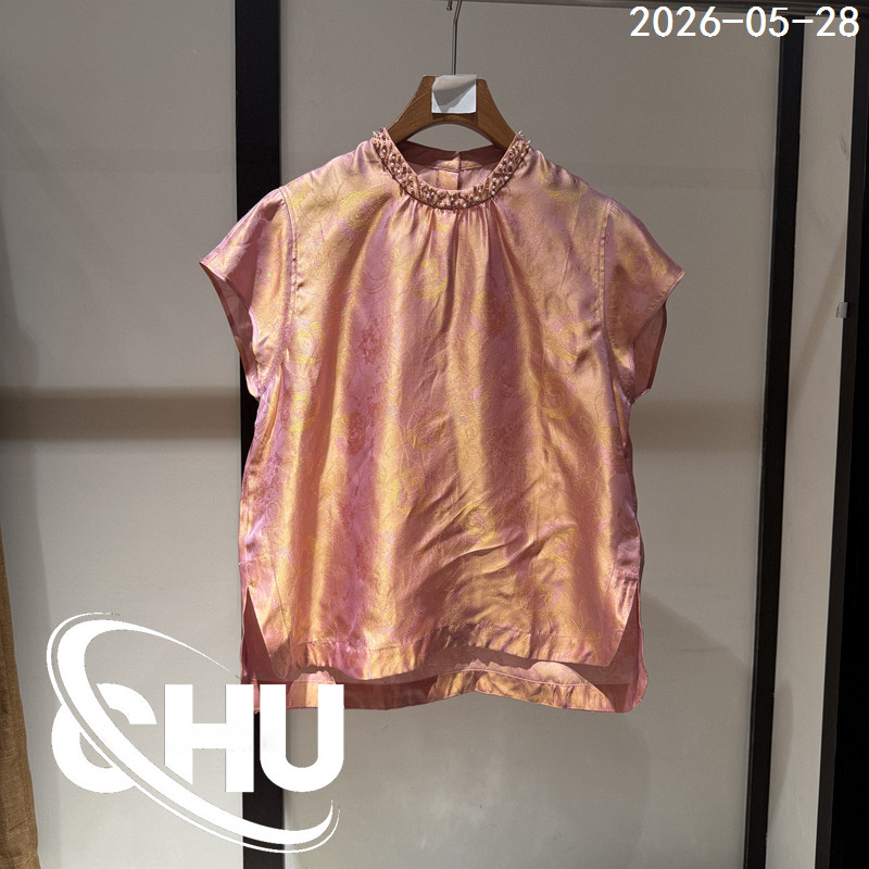 欧洲站2026夏季新款钉珠立领真丝琉璃锦短袖衬衫女复古上衣6609
