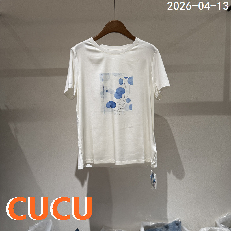 欧洲站2026早夏新款百搭时尚圆领真丝混纺荷叶印花短袖T恤女上衣