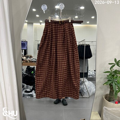 欧洲站高腰细腰带格子印花休闲裤