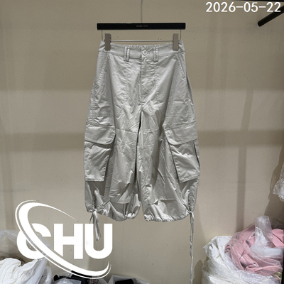 欧洲站2026夏季新款时尚高腰工装风多口袋休闲裤女宽松抽绳七分裤