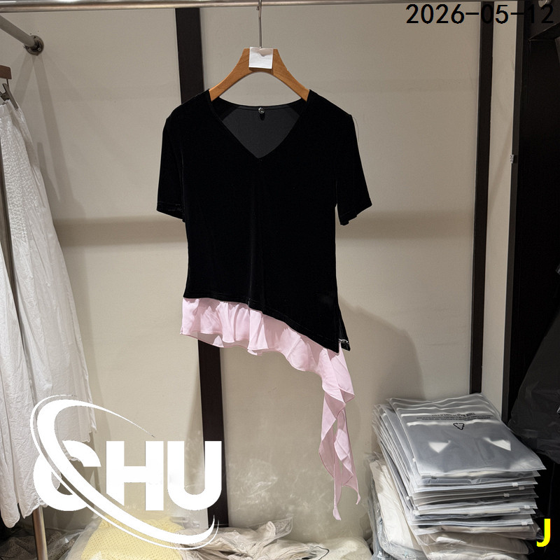 欧洲站2026夏季新款撞色下摆飘带真丝丝绒短袖T恤女上衣86409