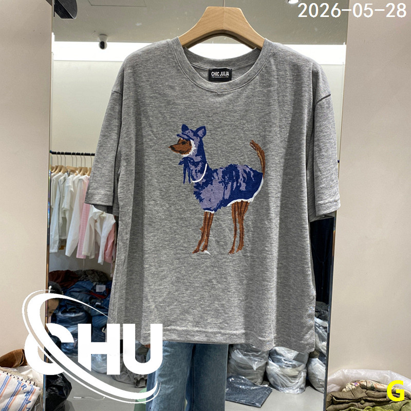 欧洲站2026夏季新款时尚百搭圆领纯棉短袖T恤女卡通狗狗印花上衣