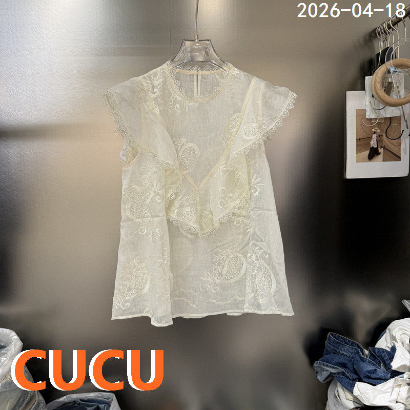 欧洲站2026夏季新款时尚圆领蕾丝花边荷叶边刺绣苎麻无袖衬衫0363
