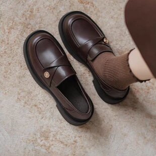 百搭通勤单鞋 英伦风厚底真皮乐福鞋 一脚蹬小皮鞋 新款 女学院风春季