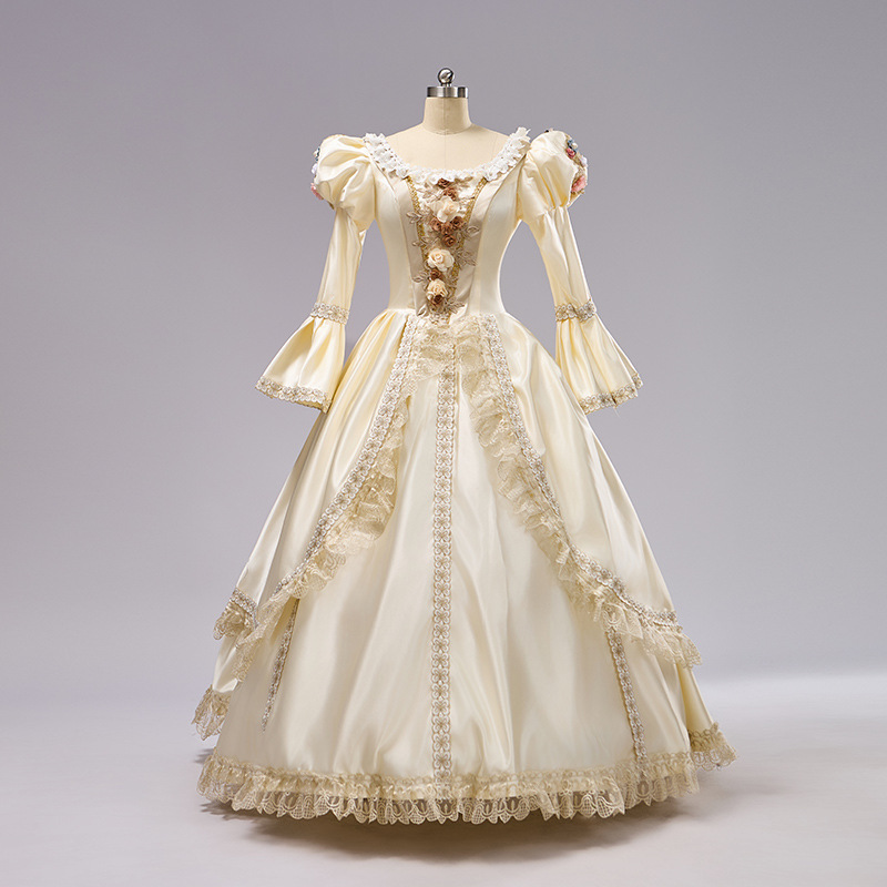 新款香槟色长袖中世纪复古礼裙模特走秀演出服化装舞会礼服裙