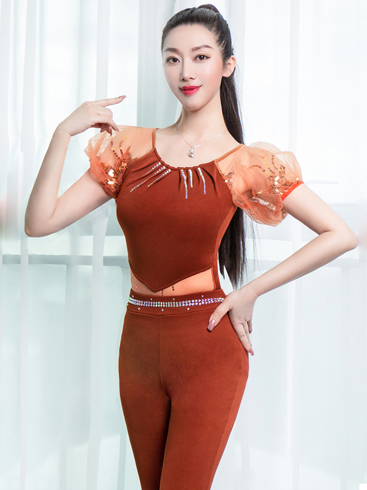 舞姿翼焦糖色短袖修身形体服高级感女夏季2022新款含胸垫舞蹈模特