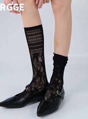 日本durgge赫本风蕾丝碎花网纱长袜子春夏薄款网眼镂空堆堆中筒袜