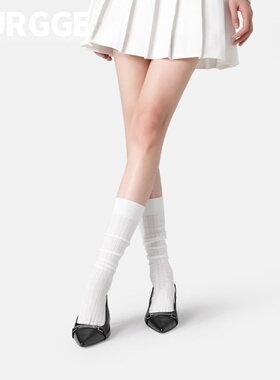 日本durgge薄款纯棉白色竖条纹堆堆中筒袜春夏长筒芭蕾小腿袜子女