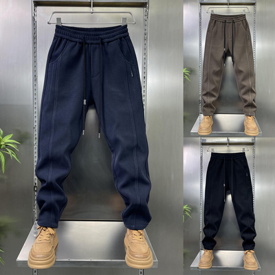 冬季新款纯色简约百搭男士休闲裤户外加绒加厚保暖长裤抽绳哈伦裤
