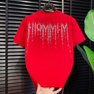 冬季潮流烫钻珍珠字母短袖T恤男女同款宽松半袖网红时尚加厚打底