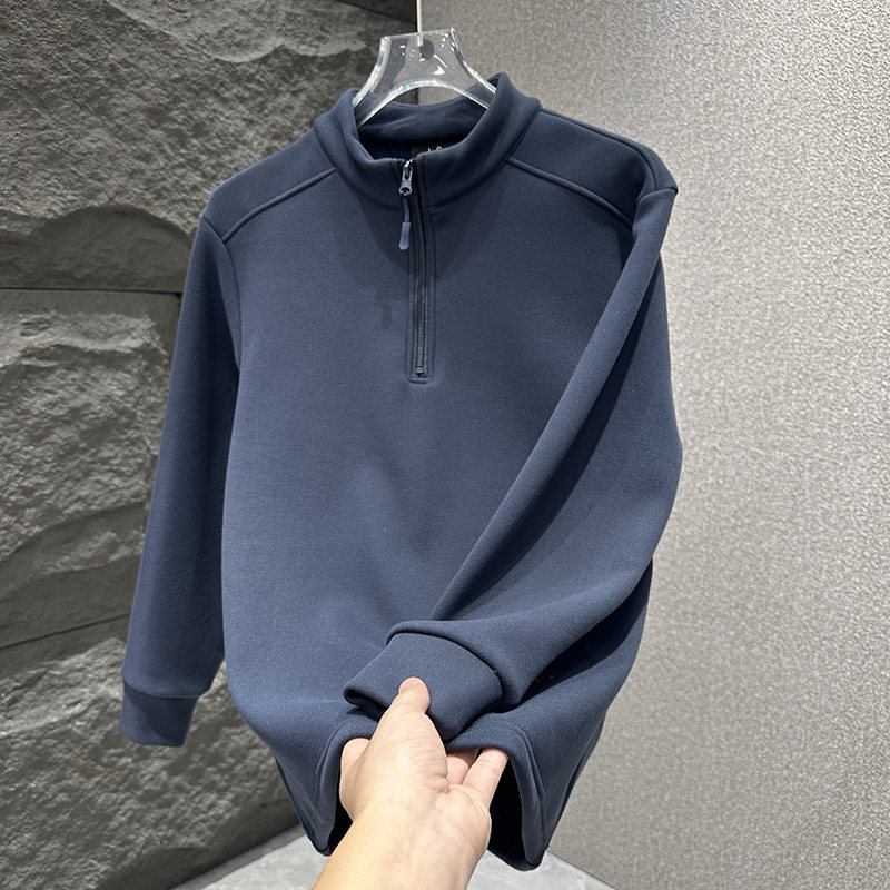 潮牌男士高级感加绒卫衣2025冬季舒适保暖潮流个性体恤立领打底衫