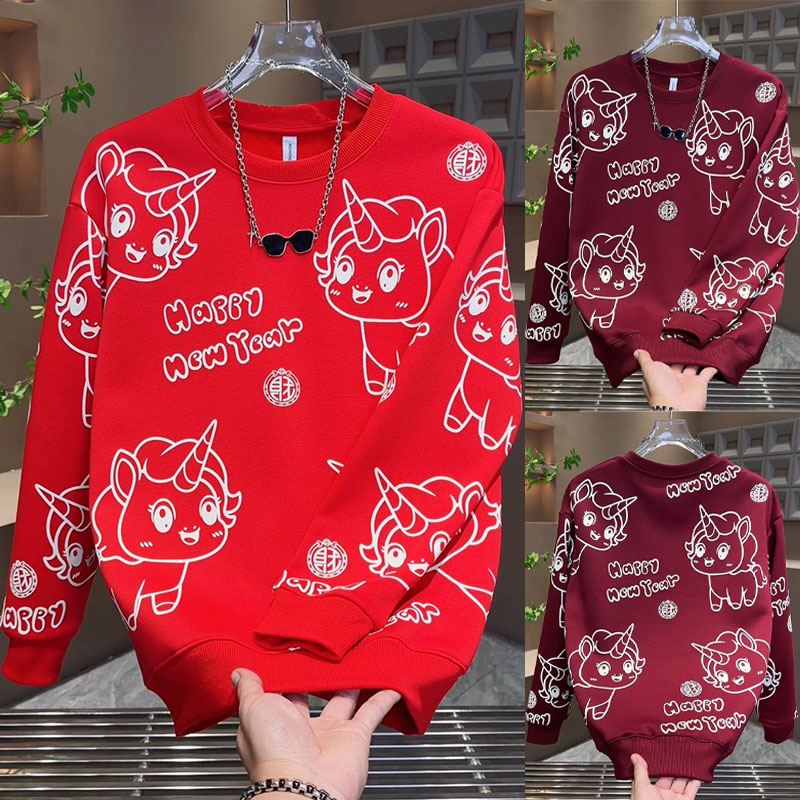 本命年卡通独角兽百搭情侣卫衣新年潮牌印花打底男士加绒拜年体恤