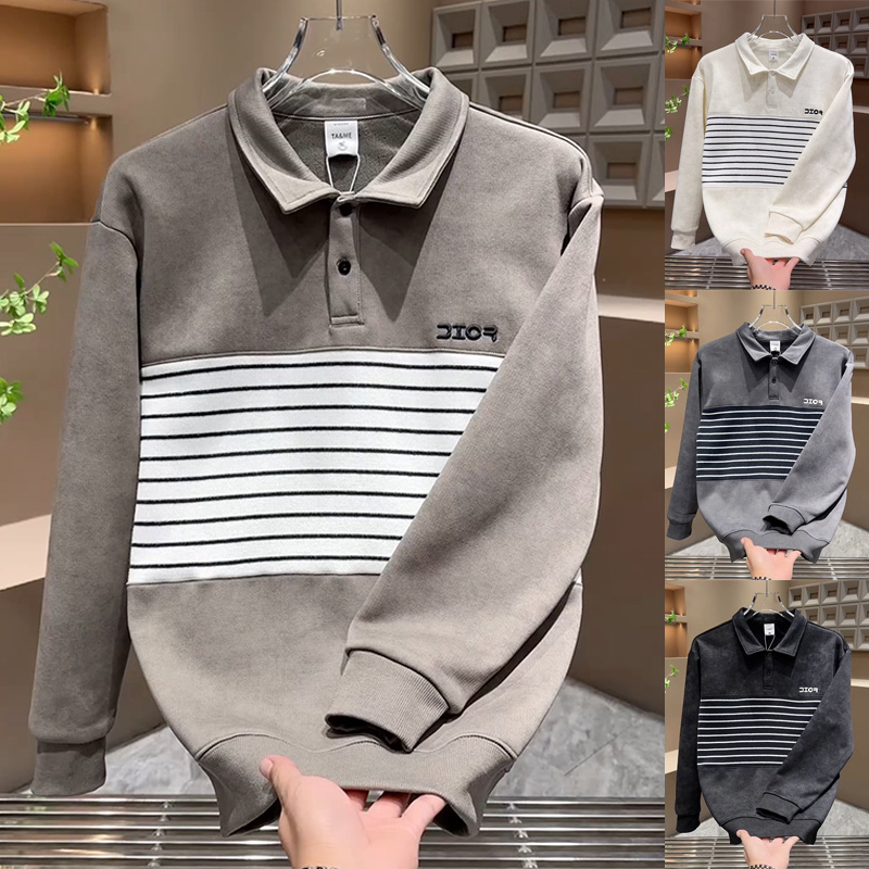 2025男士休闲百搭潮流翻领卫衣潮牌重磅条纹拼接打底高级感polo衫
