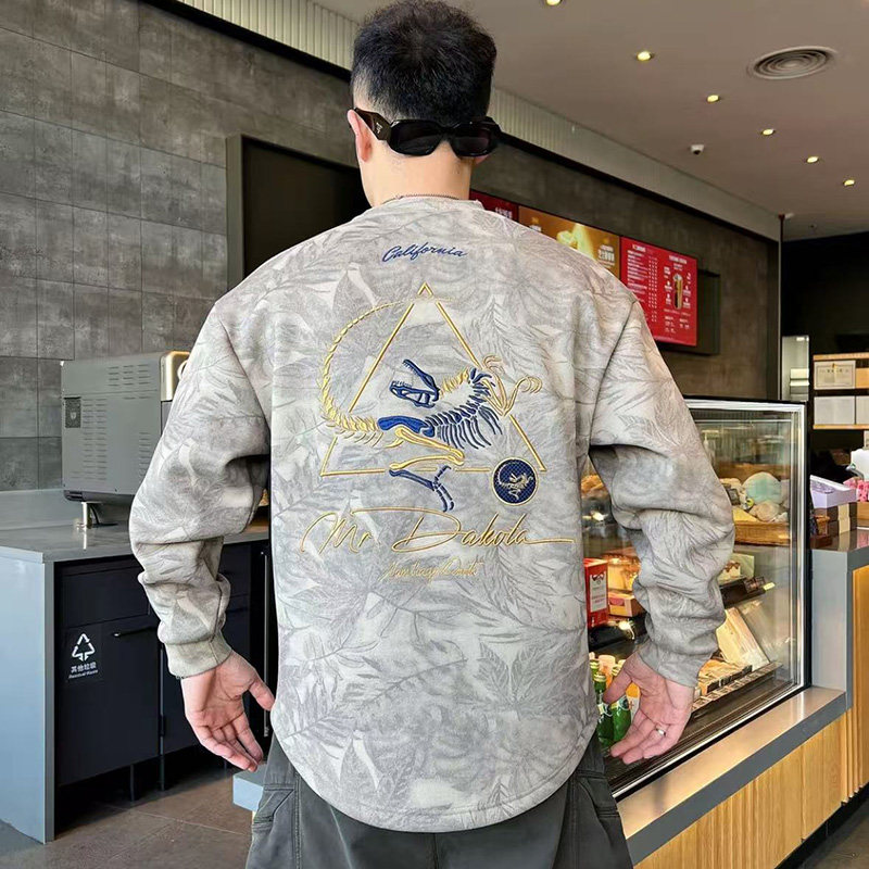 复古男士百搭长袖加绒加厚爆款网红T恤衫重磅刺绣个性休闲ins卫衣