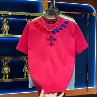 ins十字架个性刺绣时尚短袖冬季厚款T恤宽松高级男士潮牌打底半袖