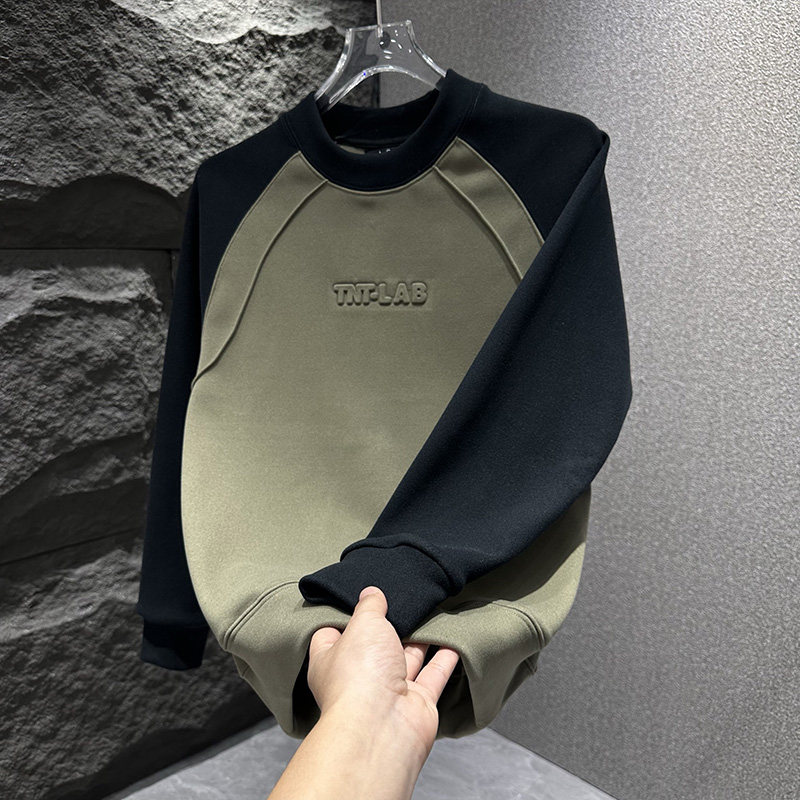 2025网红潮牌时尚男士拼接时尚卫衣字母钢印高级感加绒宽松体恤