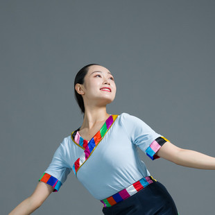 舞蹈阁藏族民族舞蹈上衣新款短袖V领练功服藏式演出服修身女款