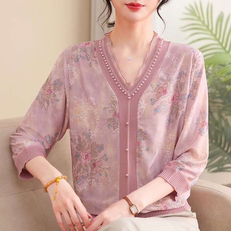 新中式V领七分袖印花上衣女中老年妈妈装50岁气质T恤夏