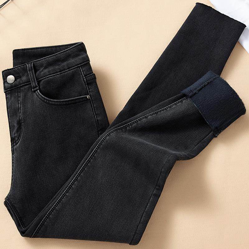 毛边加绒牛仔裤女冬季2024新款高腰弹力修身显瘦保暖紧身小脚裤女