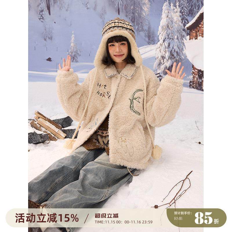 11.11 20.00新品日系复古动物飞鸟刺绣保暖羊羔毛短外套棉服女冬