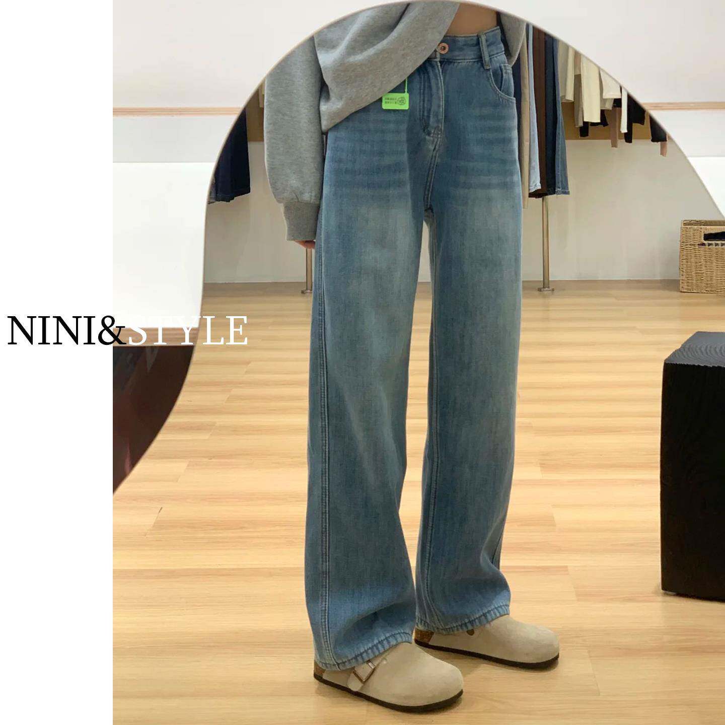 浅蓝色窄版阔腿牛仔裤女秋季2025新款高腰显瘦宽松小个子直筒裤子