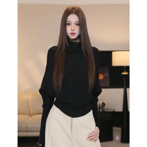 尔给秋冬半高领时尚蝙蝠袖针织衫毛衣女新款高级感慵懒风长袖上衣