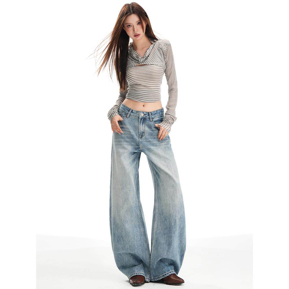 水洗浅蓝色弯刀阔腿牛仔裤女秋季2025新款高个子显瘦宽松直筒裤子