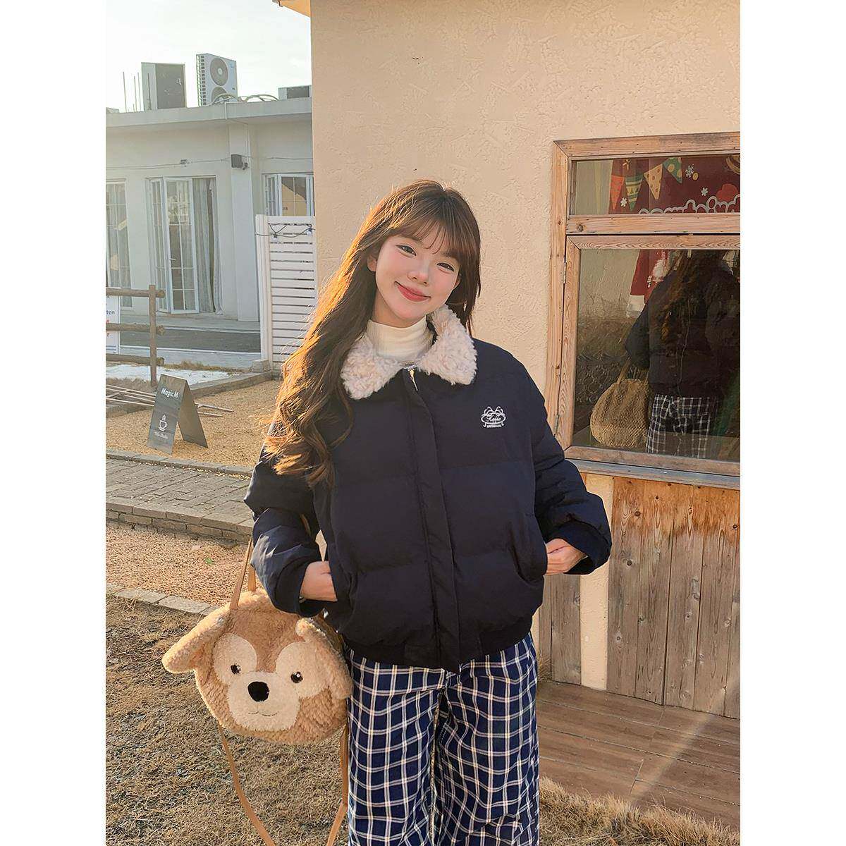 小杨羔UFAD美式羊羔毛翻领短款棉服女小个子冬季加厚保暖棉衣外套