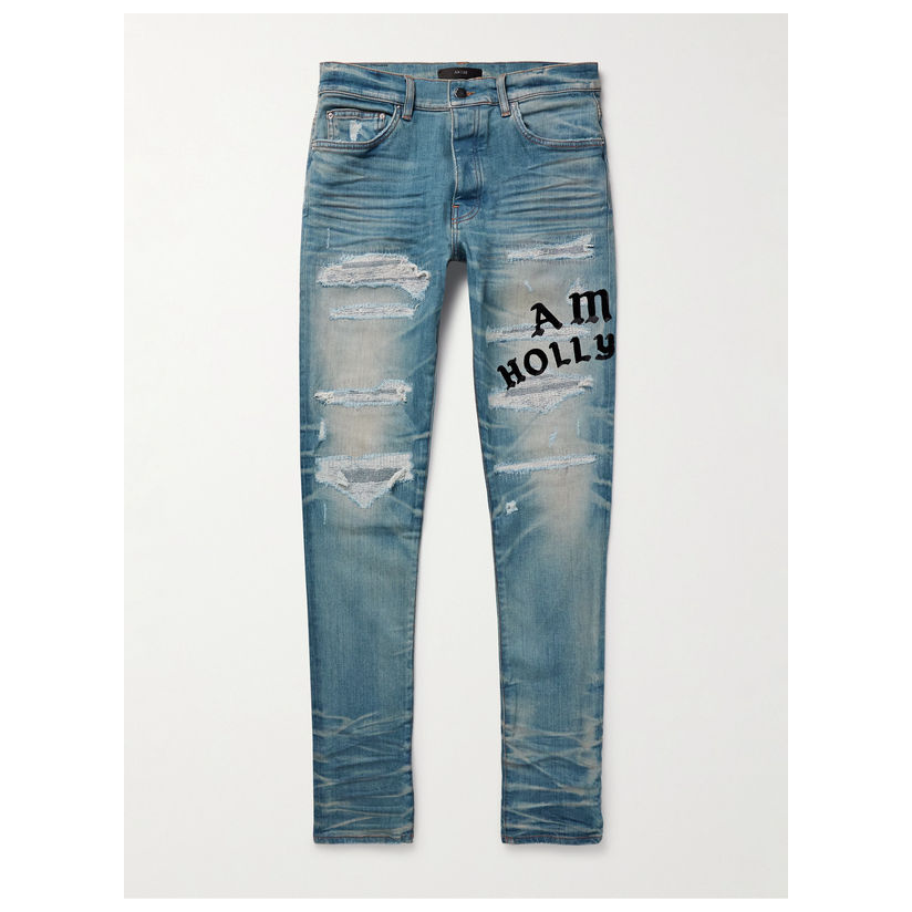 Amiri Hollywood Logo-Flocked 修身磨破牛仔裤男男裤轻质运动