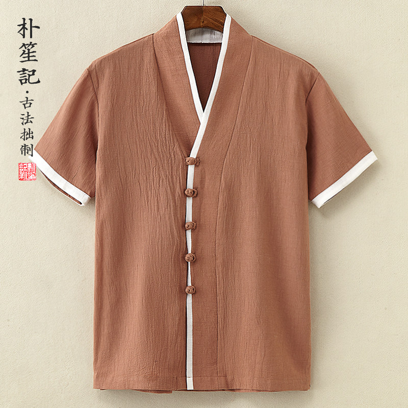 原创男士亚麻衬衫复古唐装中国风夏装透气汉服薄款棉麻大码居士服