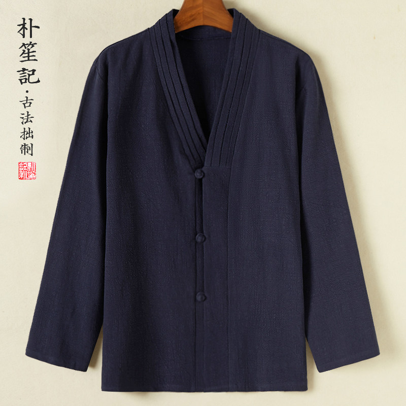 原创亚麻男士叠领汉服复古中国风道服外套宽松大码禅茶居士修行服