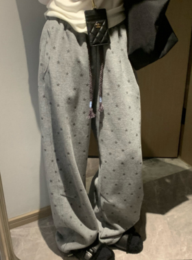 Morden 美式星星图案两穿运动裤女冬季加绒卫裤高腰宽松拖地直筒